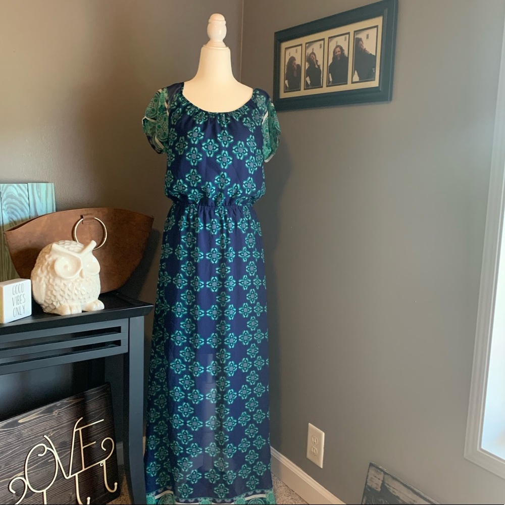 🦉/Miami Cinch Elastic Waist Blue & Green Maxi Dress Size: Medium